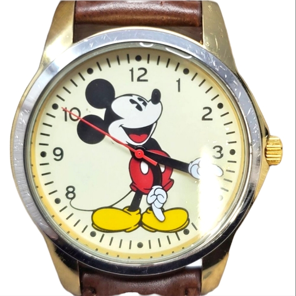 Disney Other - Disney Mickey Mouse Yellow Mens Brown Vegan Leather Band Watch